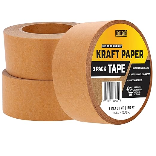 Lockport Eco Friendly Brown Packing Tape, 2 Inch x 50 Yards, 3 Rolls of Brown Kraft Paper Tape with Strong Adhesion for Moving Boxes, Shipping & Packaging, Biodegradable Waterproof Heavy Duty
