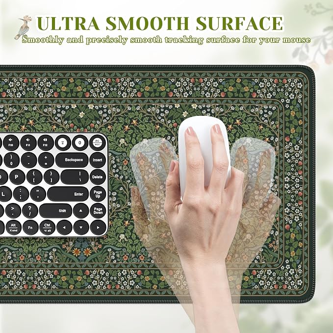 iCasso Aesthetic Floral Desk Mat, 31.5x11.8in Mouse Pads, Retro Green | Anti-Slip Mousepad with Stitched Edges, Waterproof Computer Pad, Desk Accessories Office Decor for Women