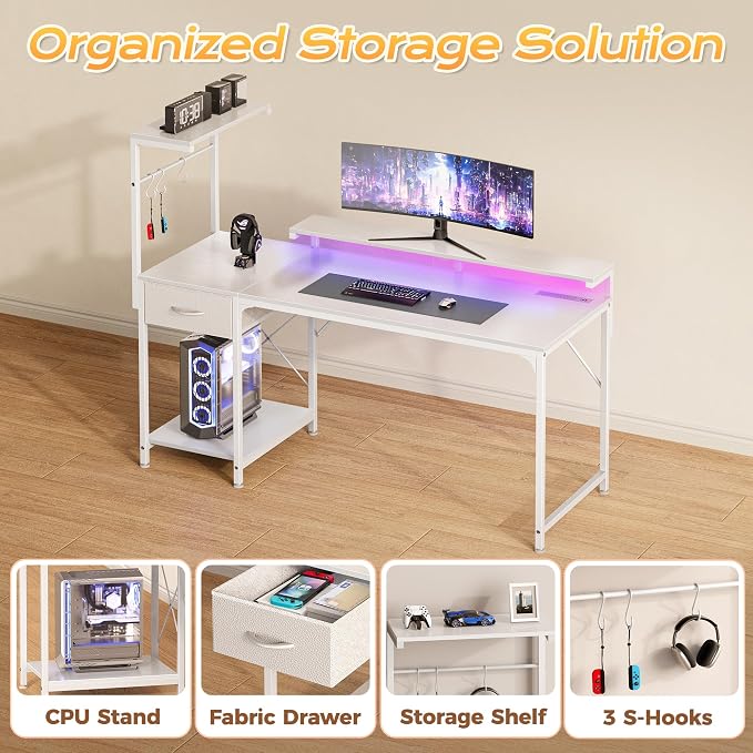 55.1 Inch Gaming Desk with LED Lights & Power Outlets | Computer Desk with Drawer & Storage Shelves, Office Writing Desk with Monitor Stand for Work from Home, White