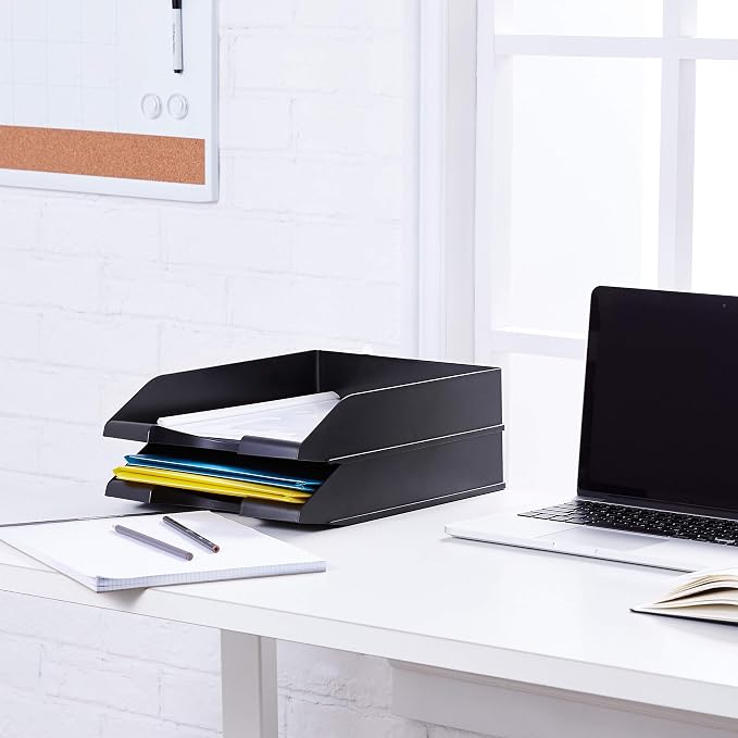 Amazon Basics Rectangular Stackable Desk Organizer Office Letter Tray, File Storage, Paper Organizer, Black, 2-Pack