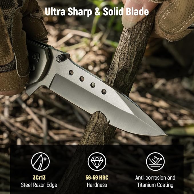 Pocket Knife for Men - Sharp Blade Wood Handle Pocket Folding Knives with Clip, Glass Breaker - EDC Knives for Survival Camping Fishing Hiking Women, Large, Grey