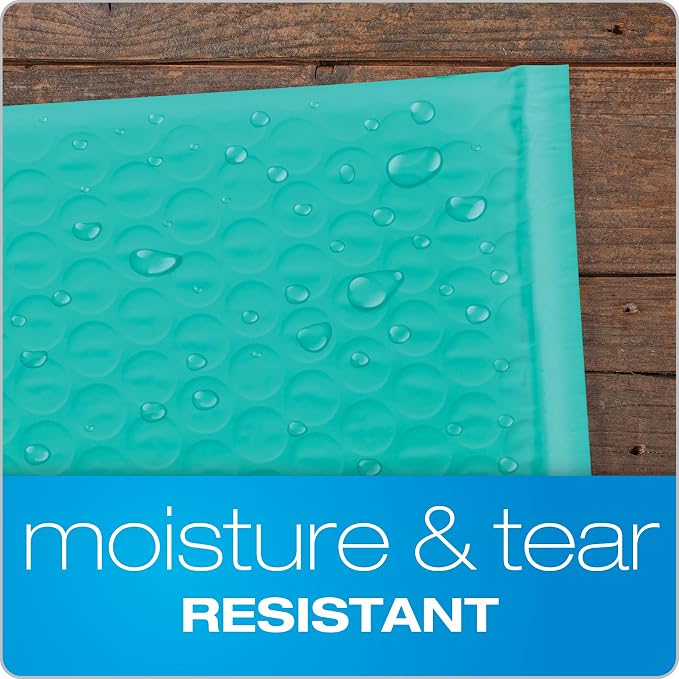 Quality Park Bubble Mailers, 8.5 x 11 Shipping Envelopes, Water Resistant Teal Poly Padded Envelopes, Redi-Strip Peel Off Closure, 25 Per Box (QUA85860)