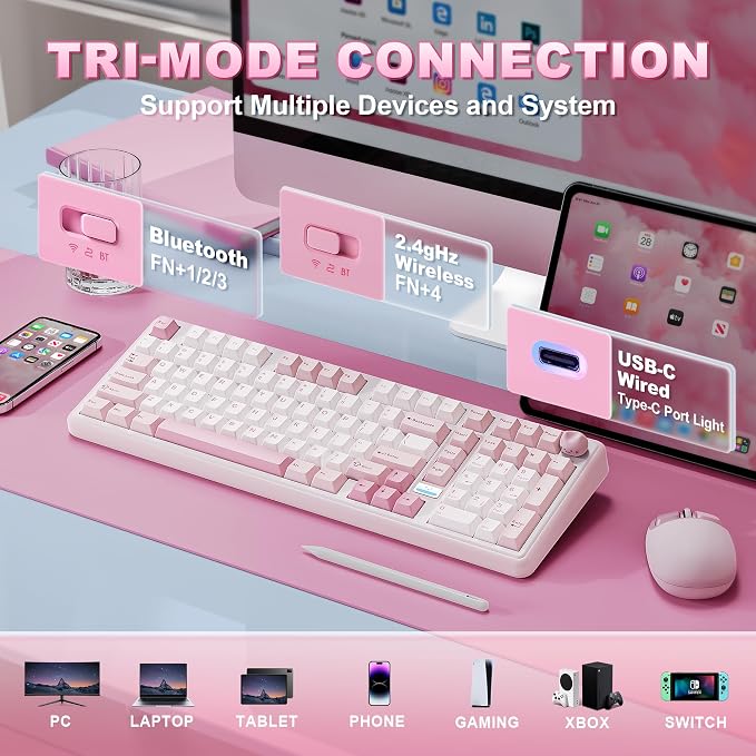 YUNZII B98 PRO 96% Wireless Mechanical Keyboard(Pink, Candy Switch) | QMK/VIA, with Numpad, Dual-Style Knob Design, Creamy Pre-Lubed Switches, Hot Swap, Gasket Mount, RGB for Gaming/Win/Mac