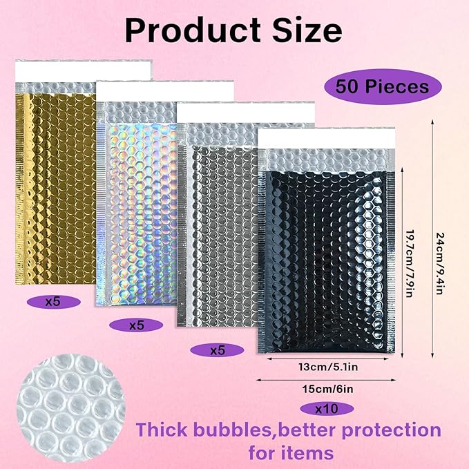 50 Pcs Metallic Bubble Mailers Holographic Bubble Mailers 6 x 9.4 Inch Self Seal Waterproof Shipping Bags Self-Seal Adhesive Poly Padded Envelopes for Mailing Packaging Small Business