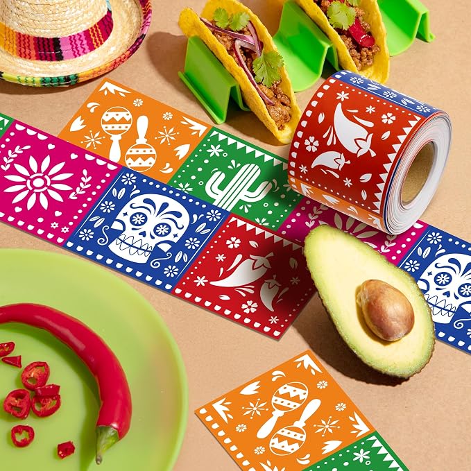 BeYumi Mexican Fiesta Border Trim - 65ft Cinco De Mayo Flags Straight Rolled Border Trim Colorful Papel Picado Mexican Fiesta Carnival Bulletin Board Set Taco Birthday Party School Home Wall Decor