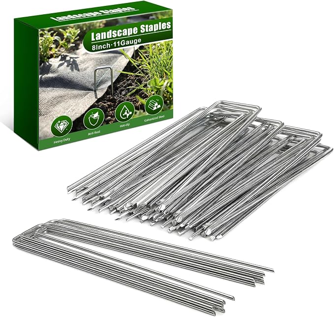 HOOPLE 100 Pack 8 Inch Landscape Staples 11 Gauge Heavy Duty Galvanized Garden Stakes, Sod Pins for Weed Barrier Fabric, Artificial Turf, Drip Irrigation, Lawn Edging & Ground Cover