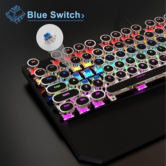 MageGee Typewriter Mechanical Gaming Keyboard, Retro Black Punk Round Keycaps RGB Rainbow Backlit Wired Keyboards for Laptop MAC PC Gamer, with Magnetic Wrist Rest - Blue Switch