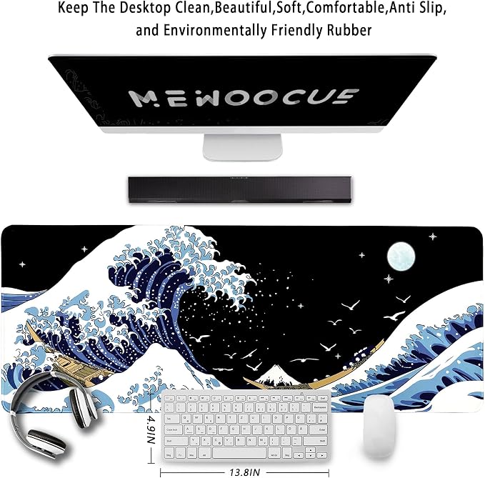 MEWOOCUE® Gaming Mouse Pad for Desk,Large Wave Mousepad Laptop,Black Japanese Anime Mouse Mat,Long XXL Waterproof Keyboard Pads,Big Non-Slip Mousepads for Game Office Home（31.5 x 11.9 in）
