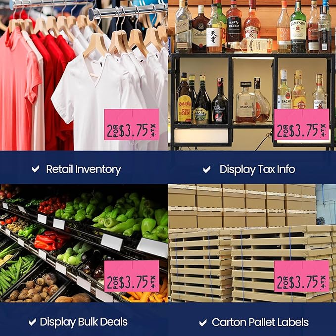 Perco Fluorescent Pink Pricing Labels for Monarch 1131 Price Gun - 1 Sleeve, 8 Rolls, 20,000 Price Marking Labels - with Ink Roll Included