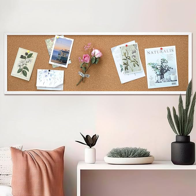 12'' x 36'' Cork Bulletin Board Framed Large Wall Mounted Corkboard with Installation Kit, Push Pins for Home and Office Decor, School Message or Vision Background(White)