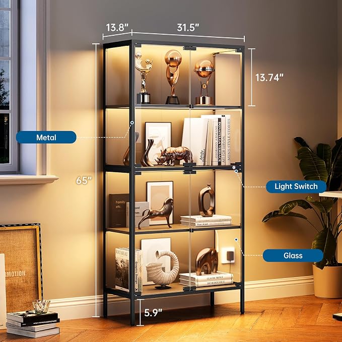PEUKC 65" Glass Display Cabinet with 3-Color LED Light, Display Case with 4 Tempered Glass Doors and Shelves, Metal Frame Curio Storage Cabinet for Collectibles, Figures, Awards, Book, Toy (Black)