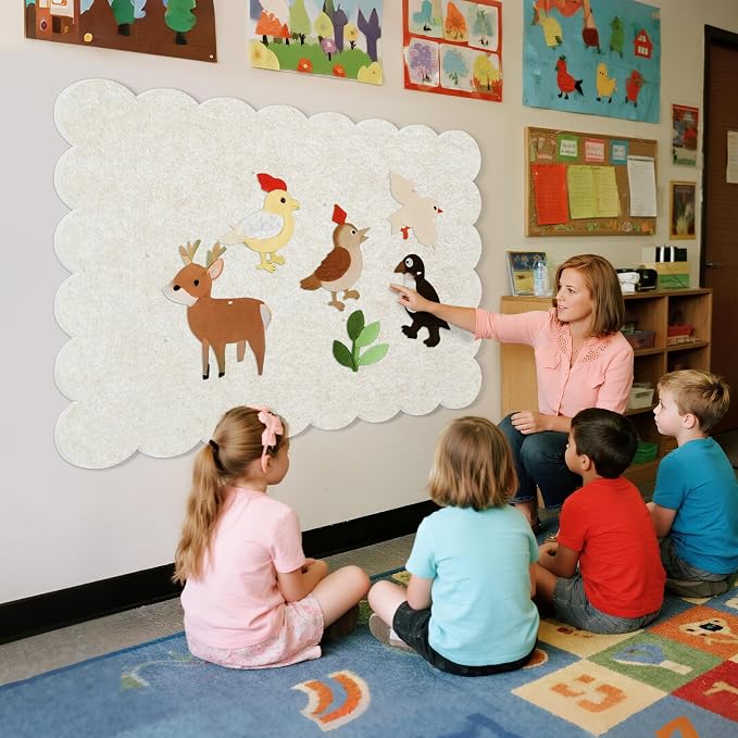 Scalloped Bulletin Board 48x36 inches, Decorative Felt Pin Board for Wall | Cute Cork Board Alternative with Push Pins, Foldable Display Vision Board for Photos, Notes & Reminders