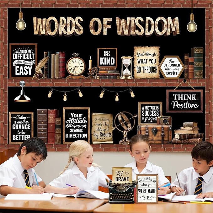 Mooliwe 57 Pcs Industrial Chic Bulletin Board Decorations for Classroom | Inspirational Rustic Posters with Typewriter Bulb Brick Design, For School Office Wall Door Decor, Farmhouse Vintage Style