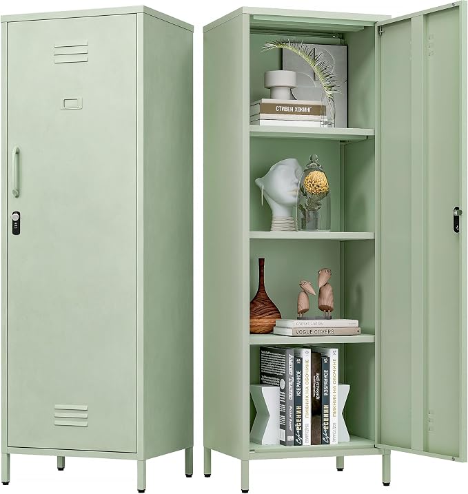 Metal Locker Storage Cabinet with Adjustable Shelves, 59" H Green Locking Tool File Cabinets Kids Snack Locker Organizer for School Classroom,Gym Home Office,Entryway and Hallway