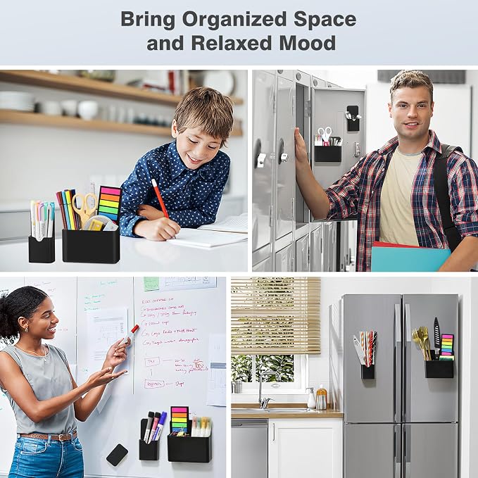 MoKo Magnetic Pen Holder Set, 3-Pack with Eraser, Black | Magnetic dry erase marker holder set has one large divided organizer, two small holders and one eraser.