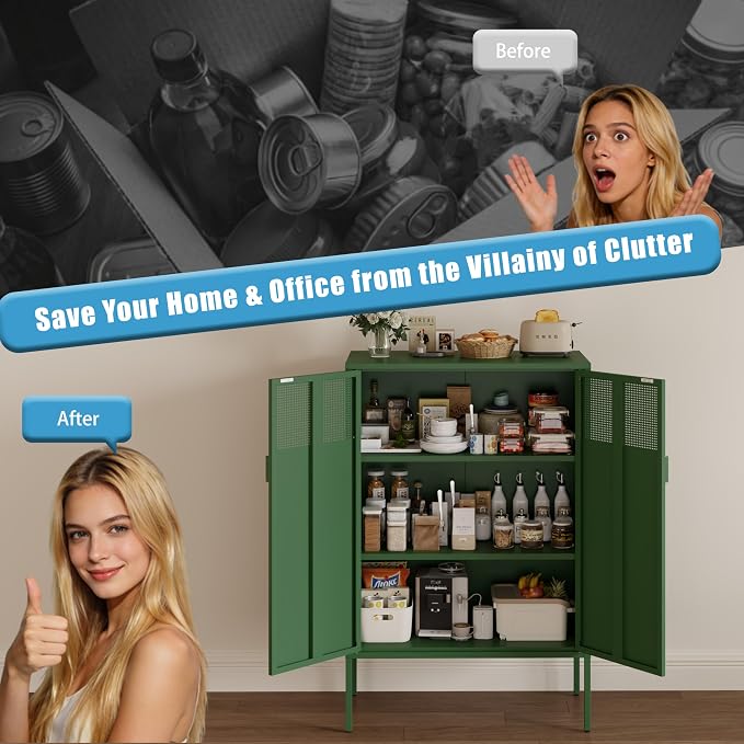 3-Tier Metal Storage Cabinet with 2 Adjustable Shelves & Mesh Doors | Metal Locker Accent Cabinet with Legs, Green Storage Cabinets, Metal TV Stand Cabinet for Home Office, Entryway & Hallway