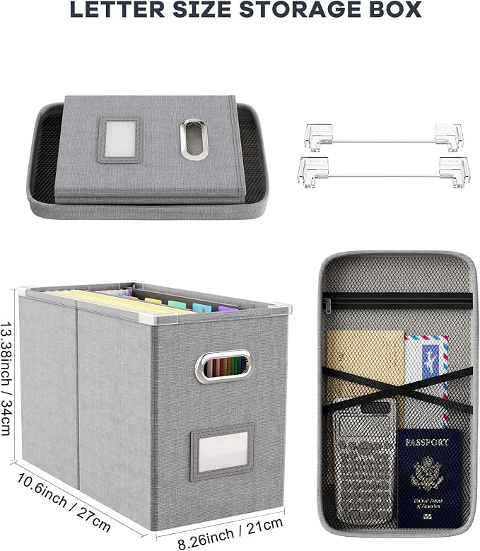 Hanging Filing File Box with Mesh Pocket, File Organizer Box with Lid, Collapsible Document Organizer Box for Letter Size, Easy Slide Durable Storage Box for Office/Decor/Home (2 PCS, Grey)
