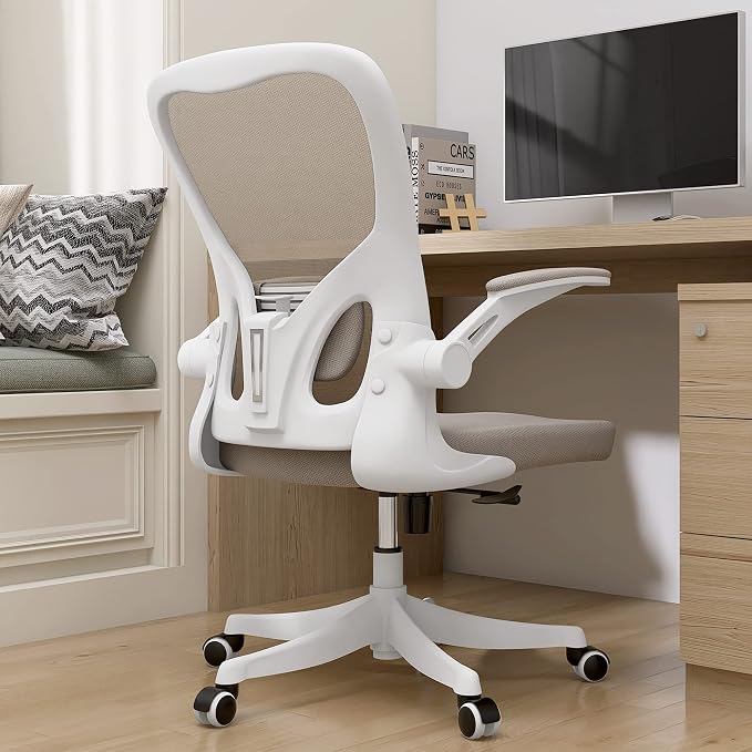 Monhey Ergonomic Office Desk Chair with Lumbar Support, High Back (Khaki) | 90°-125° Tilt Lock, 360° Swivel, Mute Wheels, High Back, Breathable Mesh, Foldable Armrests, Home Office Use