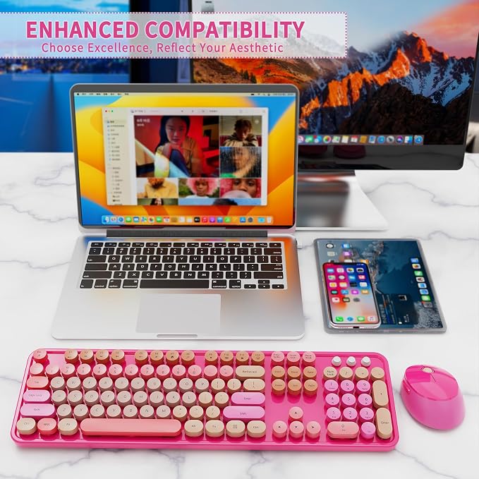 Nowlike Wireless Keyboard and Mouse Combo, Retro Typewriter Keyboard with Round Keycaps, Full-Size Ergonomic, Red, Ideal for Windows PC, Home, Office, and College, Wireless Keyboard Mouse Combo