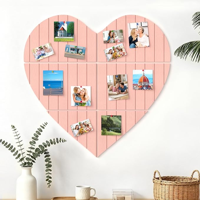 Heart Shaped Felt Bulletin Board 29"x29", 6 Tiles Wall Decor, Pink | Photo Display Memo Board for Office Home, Felt Pin Board with Adhesive Tiles and Pins for Notes, Photos and Artwork