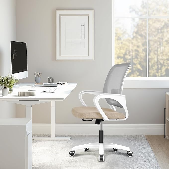 NEO Chair Office Desk Ergonomic Mesh Computer Chair with Lumbar Support Adjustable Height Swivel Rolling Wheels Comfy Mid Back Task Chair for Home Bedroom Vanity Study (Beige)
