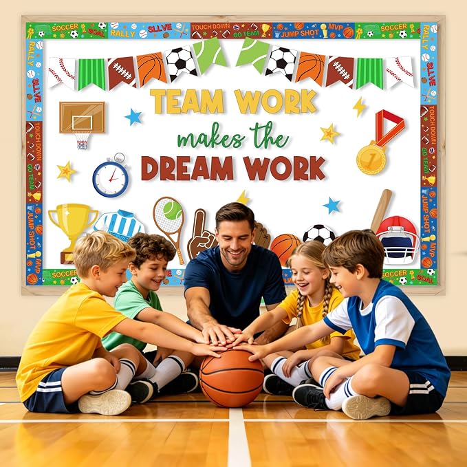 53Pcs Sports Motivational Bulletin Board Decorations Set, Inspirational Football Teamwork Cutouts Back to School PE Bulletin Board for Teacher Supplies Office Classroom Door Wall Decor