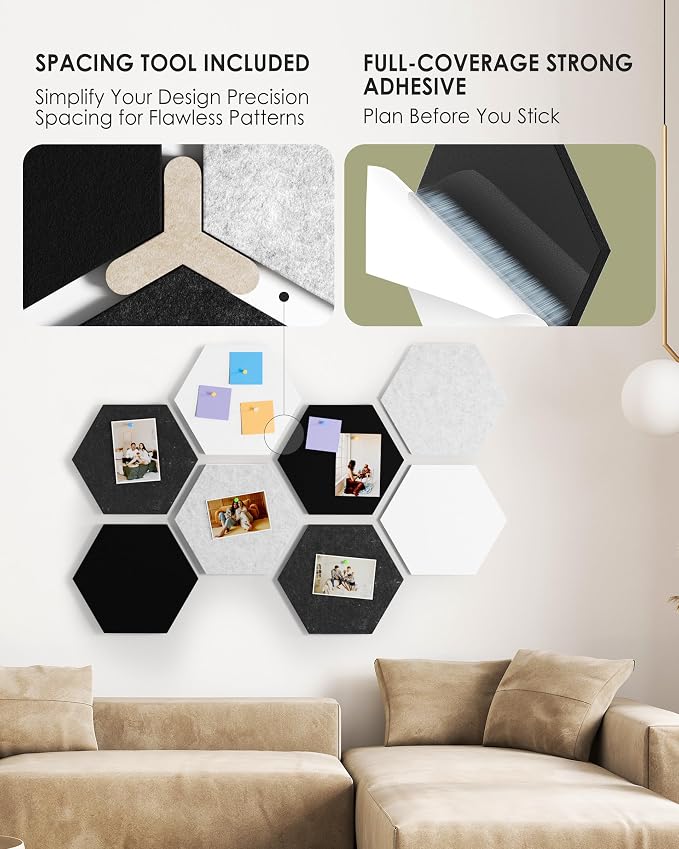 MaxGear Hexagon Bulletin Board, 8Pcs Wall Panels Office Decor Gradual Grey | Large Cork Boards For Walls Alternative, Hexagon Felt Wall Tiles Vision Board Pictrure Room Wall Decor With Push Pins