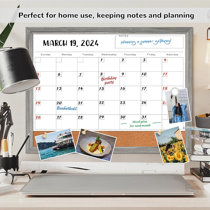 White Board Calendar Dry Erase Board for Wall, Magnetic WhiteBoard, 17"x13" | Hanging Board, Grey Wood Frame White Board and Cork Board Combo, Calendar Bulletin Board for Kitchen Planner Memo Office