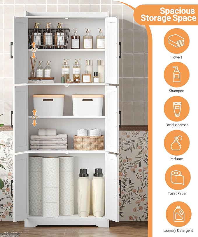 Tall Bathroom Storage Cabinet, Bathroom Floor Cabinet with 6 Barn Doors, 11.6''D x 22.6''W x 60.2''H, Adjustable Shelves, Linen Pantry Cabinet, for Kitchen Living Room, Entryway, White