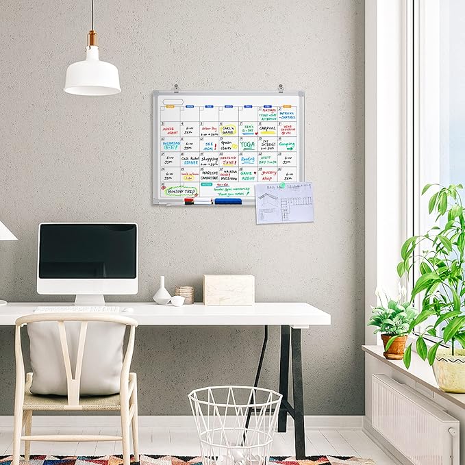 Dry Erase Calendar Whiteboard for Wall, 24" x 18" Magnetic Monthly White Board Calendar Dry Erase, Wall Hanging Aluminum Frame with Tray for Home, School, Office