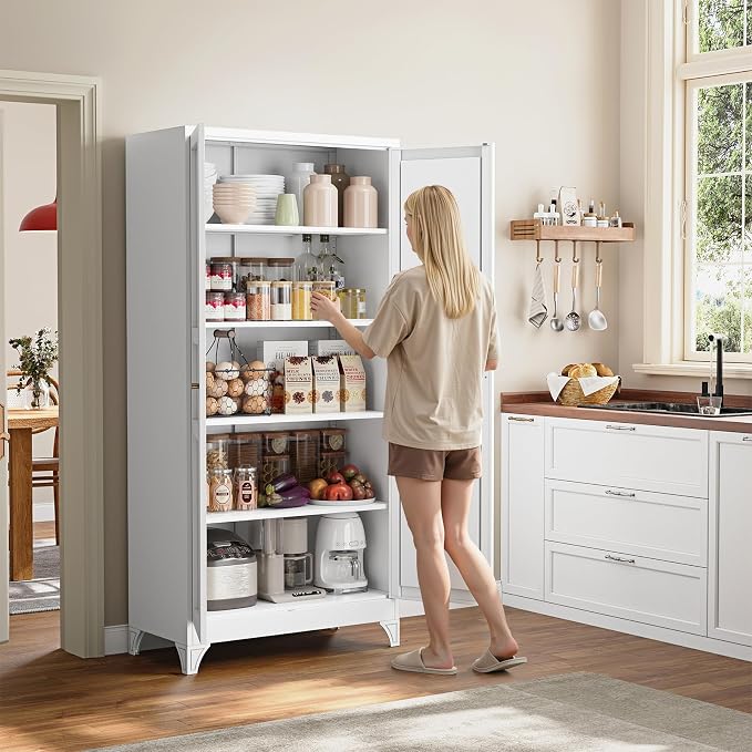 Metal Pantry Cabinet,- 72" White Kitchen Pantry Storage Cabinet with Doos and Adjustable Shelves for Kitchen, Living Room,Dining Room,Home