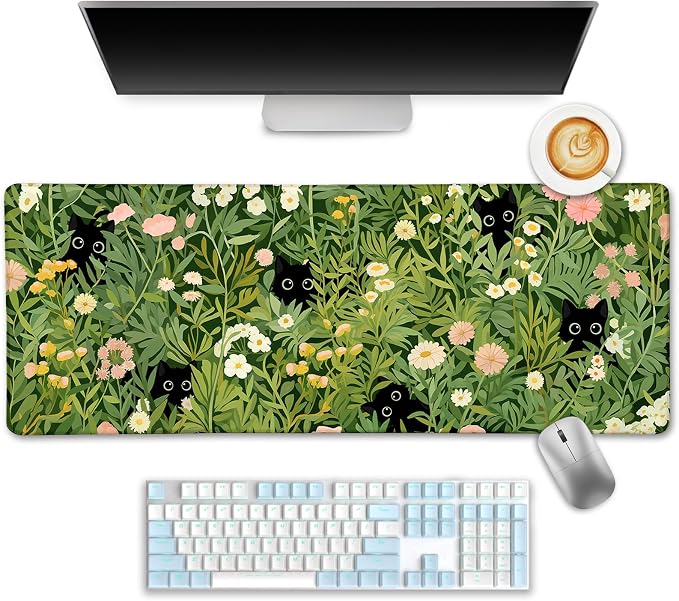 LIMKRIAN Anime Cat Mouse Pad, Green Desk Matt for Desktop, 31.5x11.8 in | Large Mouse Pads for Desk Gaming Computer Laptop, Stitched Edges, Non-Slip, Cute Green Office Desk Accessories for Women