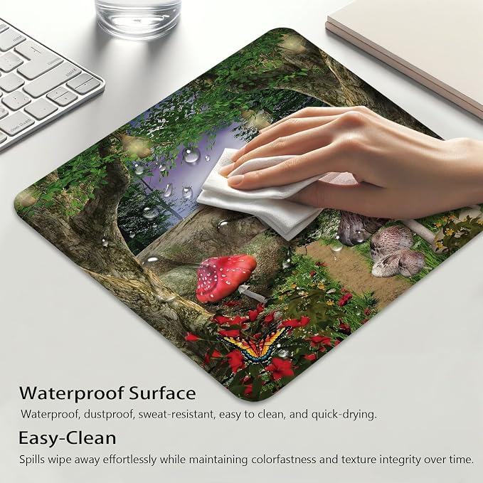 Mushroom Mouse Pad, Enchanted Nature Pathway Butterfly Landscape Desk Mat | Cute Mousepad Stitched, Anti-Slip Base Smooth Surface, 9.5 x 7.9 Inches
