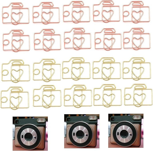 Cool Decorative Paper Clips-20-Piece Metal Camera-Shaped Paperclips Set in Fun and Functional Office Supplies with Rose Gold and Gold Finish