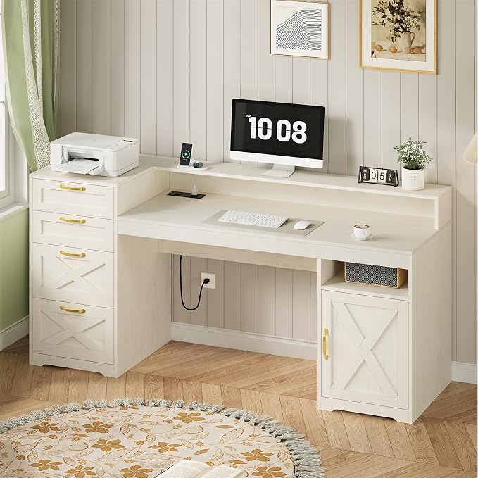 63" Farmhouse Computer Desk with 4 Drawers for Home Office, Bedroom | Executive Desk with Printer Shelf, Monitor Stand, Home Office Desks with Power Outlets, Storage Shelves, White