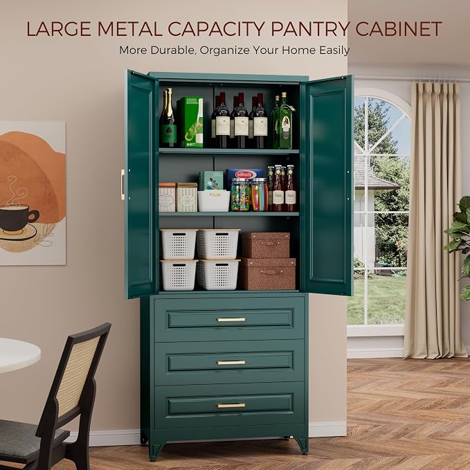 75" Tall Kitchen Pantry Cabinet, Storage Cabinet with 3 Drawers | Metal Kitchen Cabinet with Doors & 2 Adjustable Shelves, Tall Food Pantry, Cupboard for Kitchen, Dining Room, Garage, Office