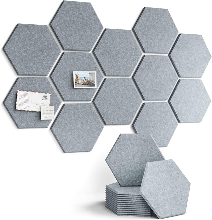 Fluxynara 12-Pack Hexagon Felt Bulletin Board Tiles, Blue Gray | Cork Board Alternative with 60 Adhesive Tabs for Notes, Photos and Reminders in Home Offices, Dorm and Classrooms