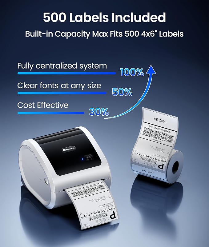 Phomemo 4x6 Shipping Label Printer 300DPI with 500 Labels | D530Pro Ethernet Label Printer，Bluetooth and USB Connection, Built-in Paper Bin, for Small Business, Online Sellers