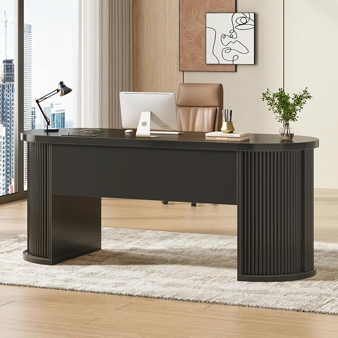 SEDETA 58.3" x 21.7" Fluted Office Executive Desk with 2 Drawers Storage | Black Long Computer Desk with 2 Sliding Doors Shelves and Power Strip, Wood Curve Desk for Work, Writing, Study