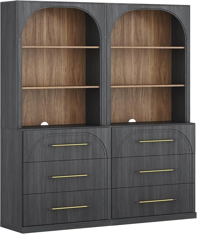 BELLEZE Display Storage Cabinet with Hutch Set of 2, 72" Tall Wood Modern Bookshelf with 3 Drawers, Cabinet for Office, Study, Kitchen, Dining Living Room, Ebony
