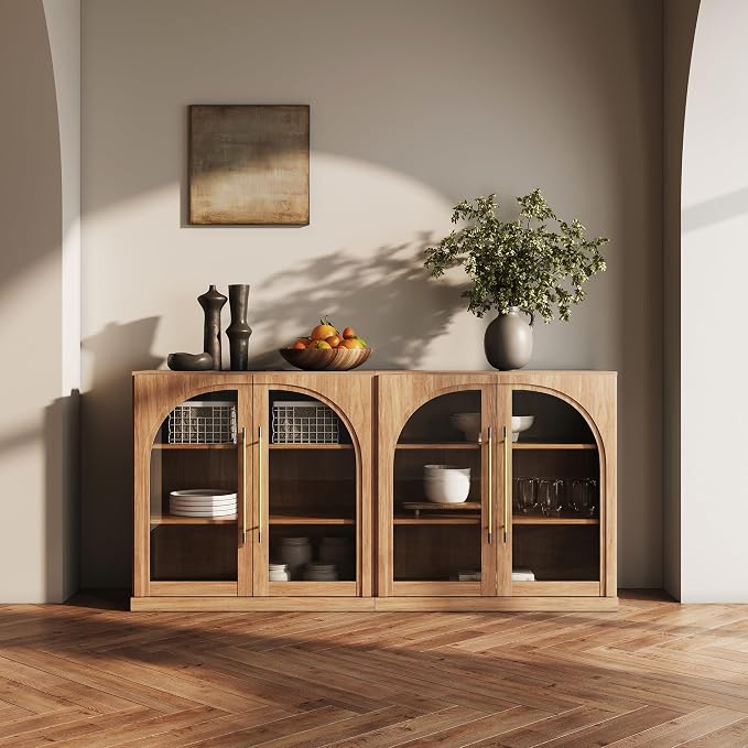 BELLEZE 3 Tier Bookshelf with Arched Glass Door, Set of 2 Modern Display Bookcase Shelf with Storage and Adjustable Shelves, 65'' Wood Bookshelves for Living Room Office Entryway (Camel)