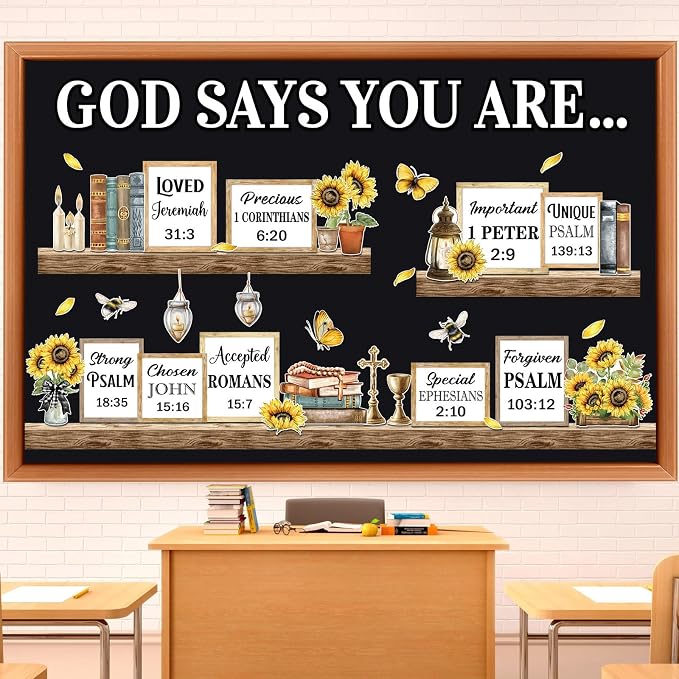 Qilery Sunflower Faith Bulletin Board Decor Cardstock Religious Cutouts | Sunflower Bulletin Board Borders & Letters, Christian Office Inspirational & Church Classroom Decor Kit, Adhesive Dots