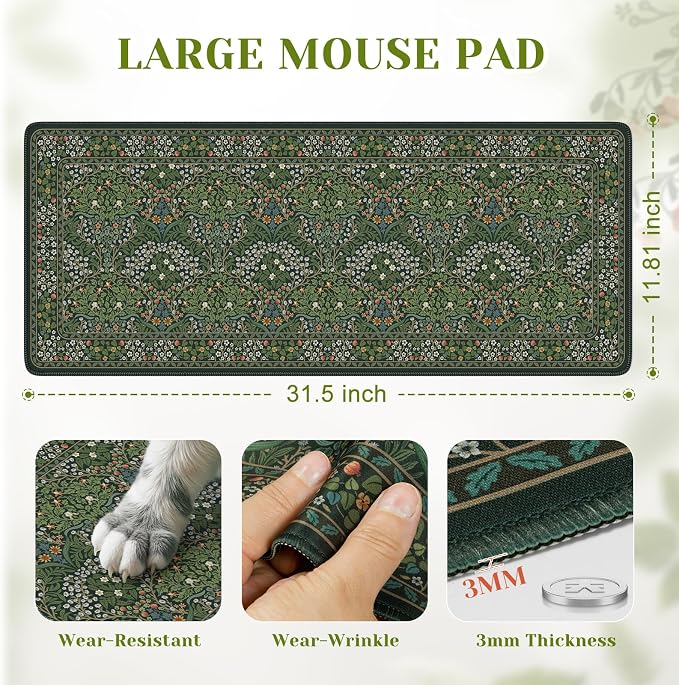 iCasso Aesthetic Floral Desk Mat, 31.5x11.8in Mouse Pads, Retro Green | Anti-Slip Mousepad with Stitched Edges, Waterproof Computer Pad, Desk Accessories Office Decor for Women