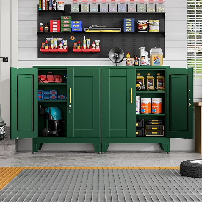 GAIOUS Green Metal File Cabinet with Lock(Two Units), Steel Storage Cabient | with 2 Doors and 2 Adjustable Shelves, Multifunctional Locked Cabinet for Home/Office/Garage/Tool Room, Accent Furniture