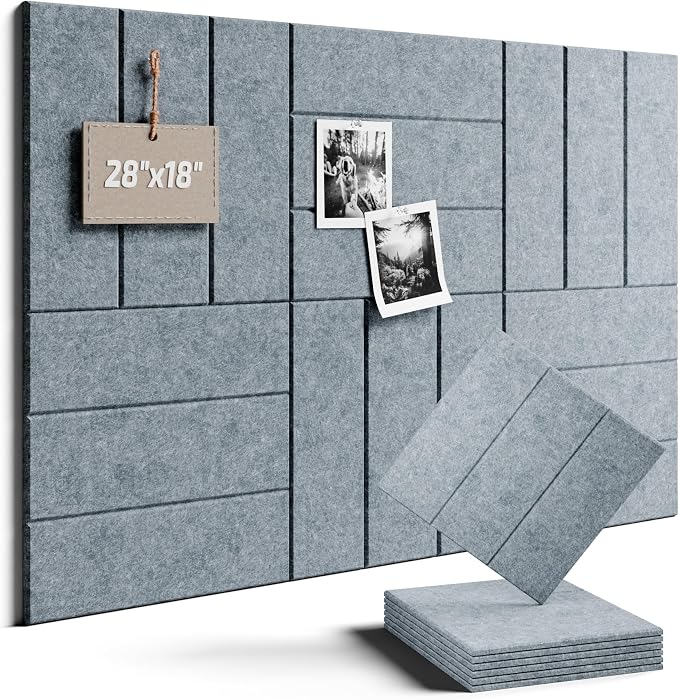 28" x 18" Felt Bulletin Board Tiles, Bold Stripe, Blue Gray | 6-Pack Cork Board Alternative, 30 Adhesive Tabs, Push Pin Board, Wall Decor, Office, Home, Classroom, Dorm