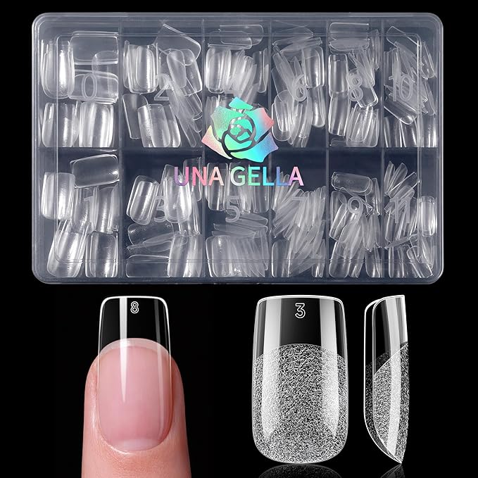 UNA GELLA Square Nail Tips, Short Square Gel Nail Tips, 240pcs Pre Etched Half Matte Soft Gel Press on Nails Full Cover Fake Nails for Nails Extension DIY Salon 12 Sizes At Home