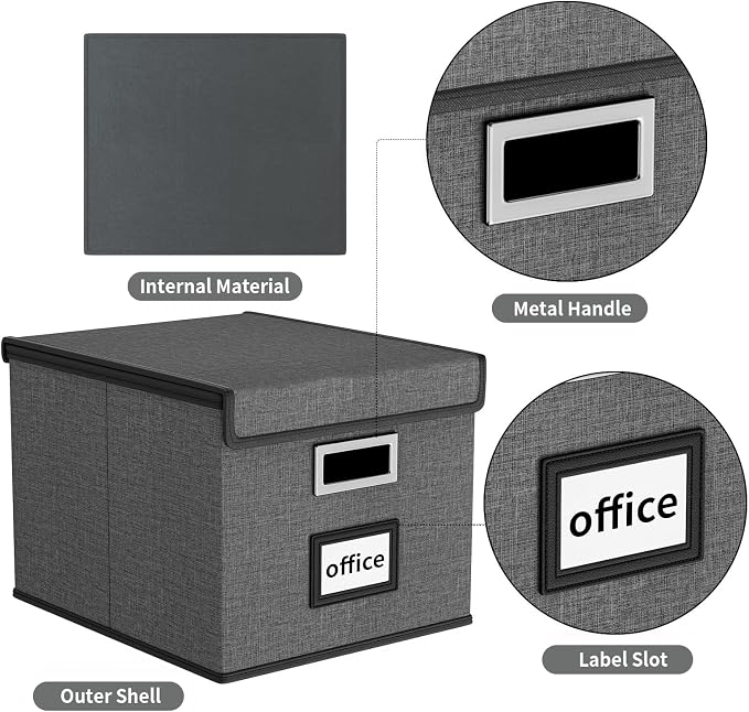 File Organizer Box with Lids, Collapsible File Folder Organizer | File Box with Plastic Slides for Document, Filing Bin for Letter Size Hanging File Folders (4 Pack, Dark Gray)
