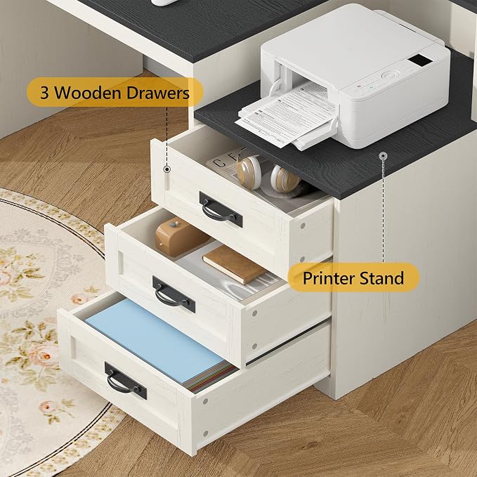 65" Farmhouse Computer Desk with Drawers and Printer Stand for Home Office | Office Desk with Power Outlets and Storage Cabinet, Study Writing Desks with Long Monitor Stand, Black and White
