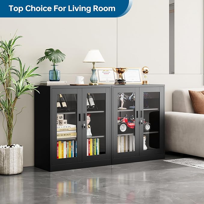 PEUKC Storage Cabinet with 2 Adjustable Shelves, 35.4 Inches Metal Curio Display Cabinet with 2 Acrylic Doors, Locking Glass Display Case for Home, Office, Pantry, Assemble Required (Black)
