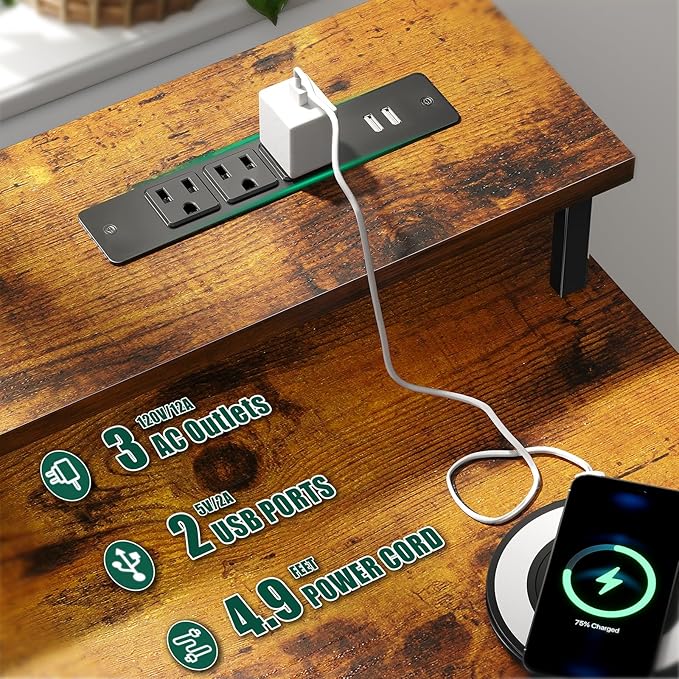 47 Inch Gaming Desk with Power Outlets and LED Lights, Reversible Computer Desk with 5 Fabric Storage Drawers, Home Office Desk with Monitor Stand for Working Writing Study, Rustic Brown